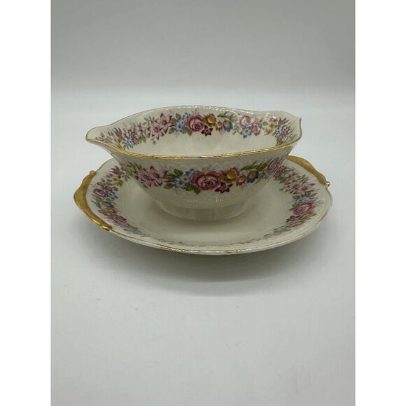 Limoges France Bernardaud & Co Gravy Boat w/ Underplate 7” Flowers Vintage